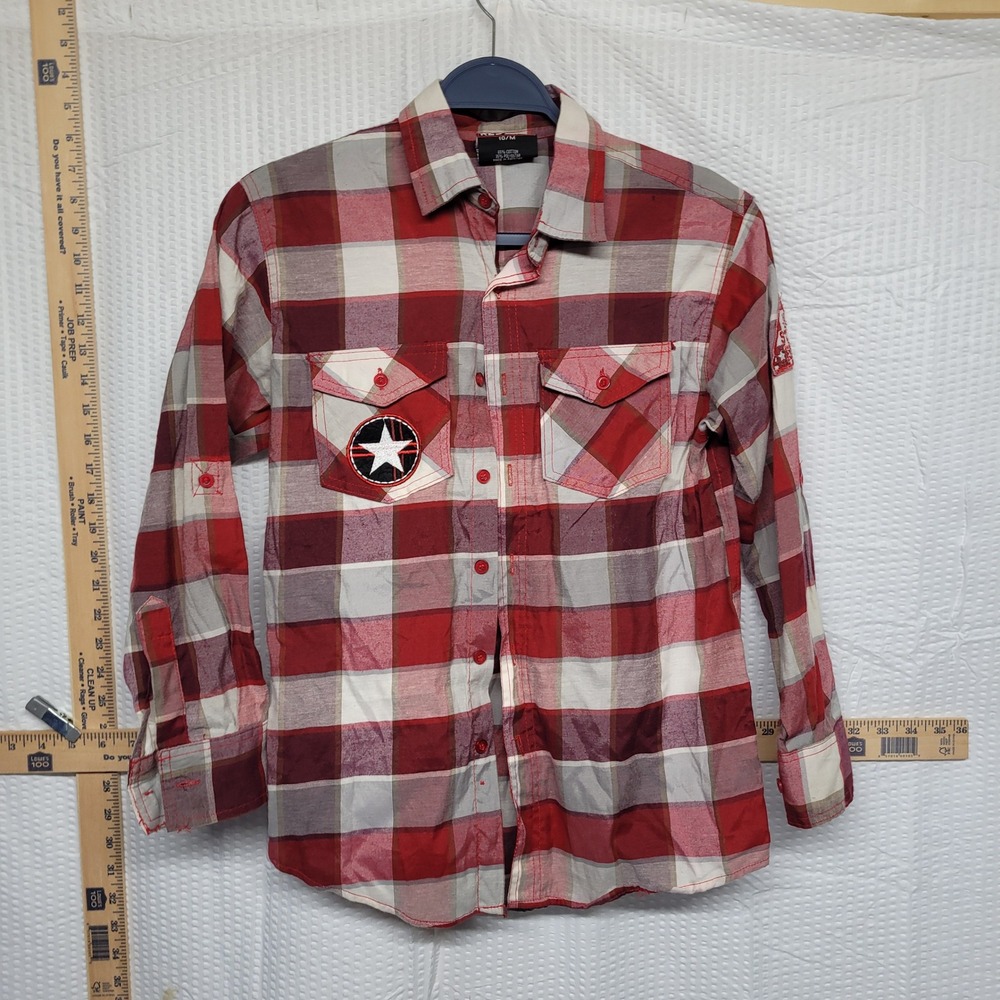 Red Ape Boys Plaid Button Down Shirt Red Grey Stay Fly Patch Size‎ 10/M